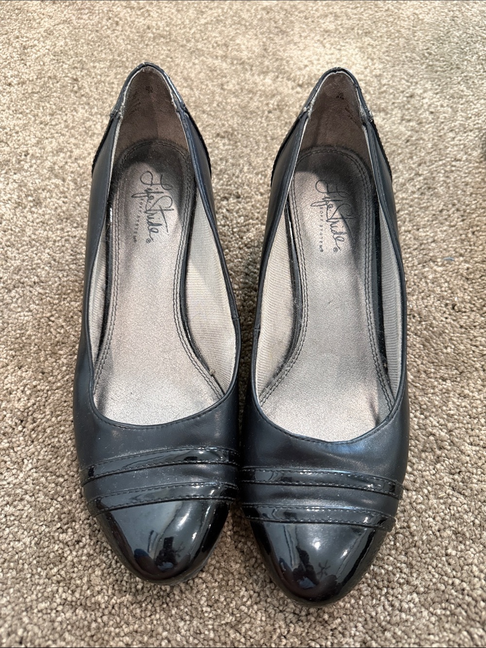 Life Stride Black Wedge Pumps with Patent Toe